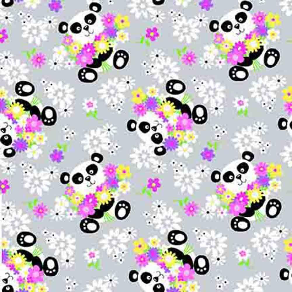 A.E. Nathan - Comfy Flannel Prints - 100% Cotton - Pandas & Flowers - Gray - Yardage