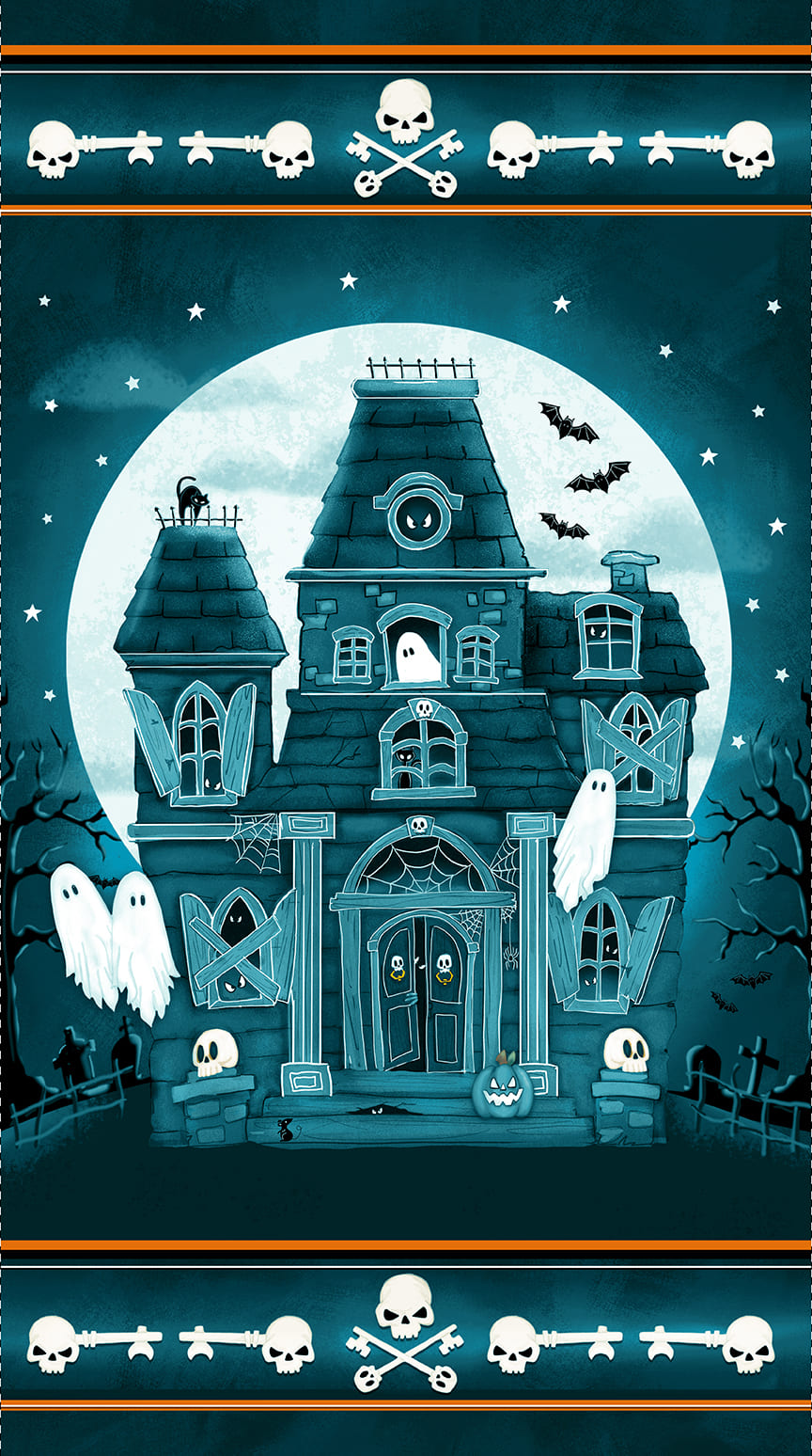 Welcome Foolish Mortals - Glow: 24" HAUNTED HOUSE Panel Fabric Q-1457PG-77