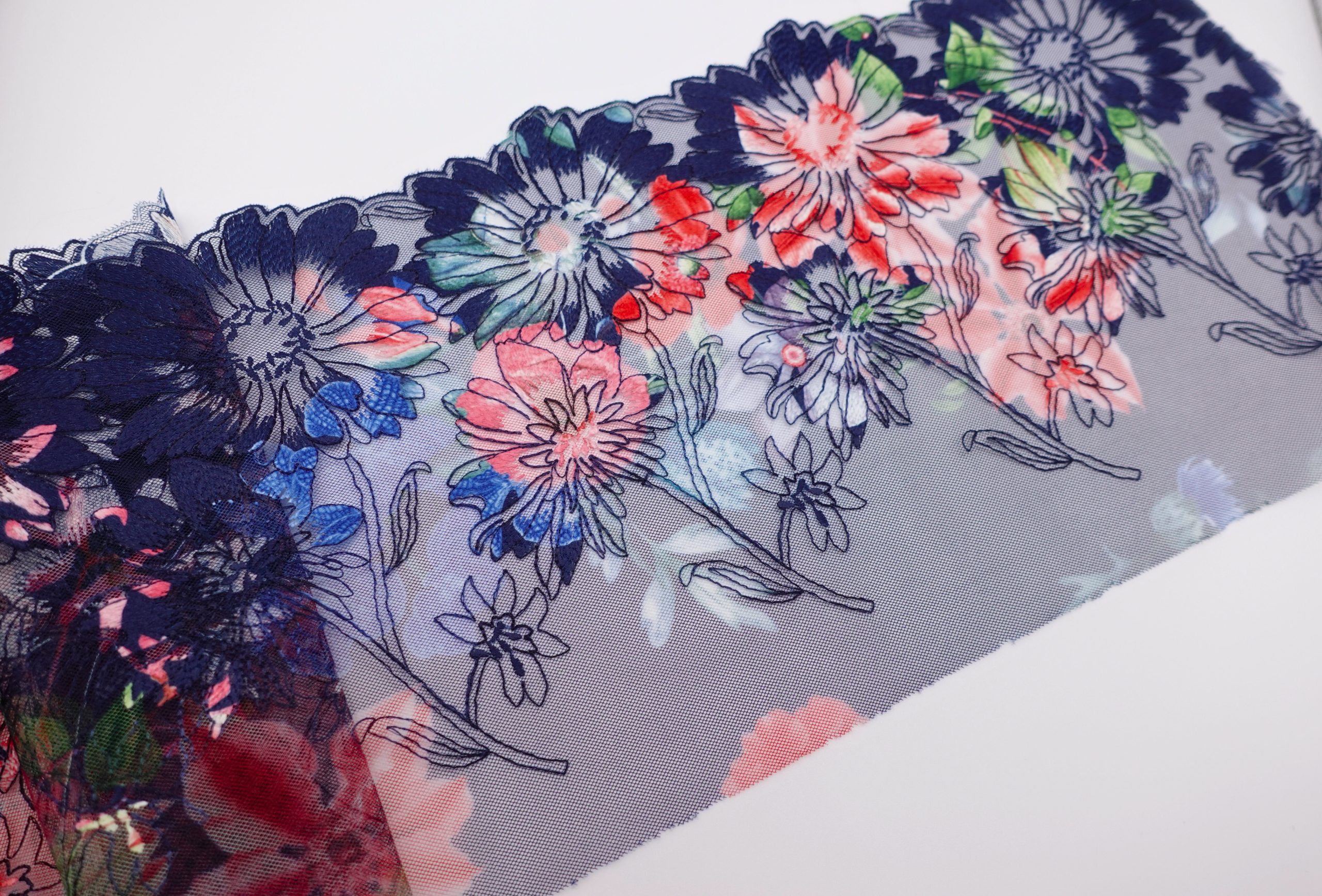 Navy Printed Floral - Embroidered Tulle Lace (mirrored)