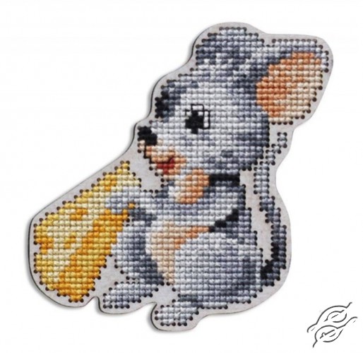 Mouse with Cheese - Wooden Cross Stitch Kit (3.5"x3.43")