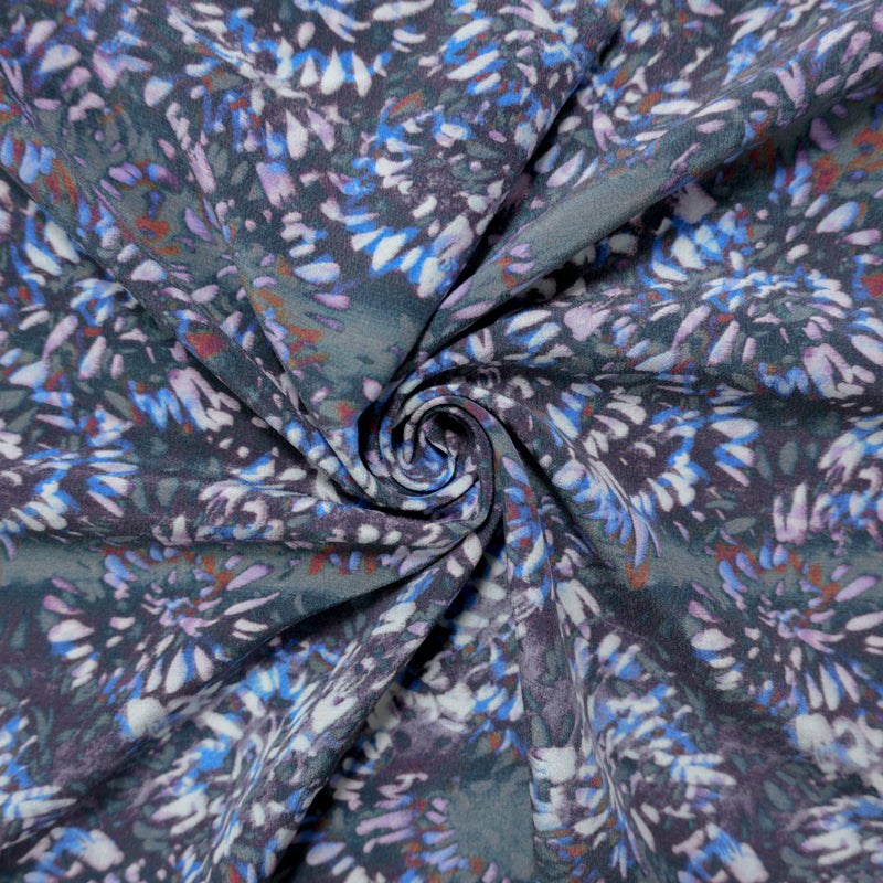 Purple Silk Abstract Floral Printed Matte Crepe De Chine Woven Fabric