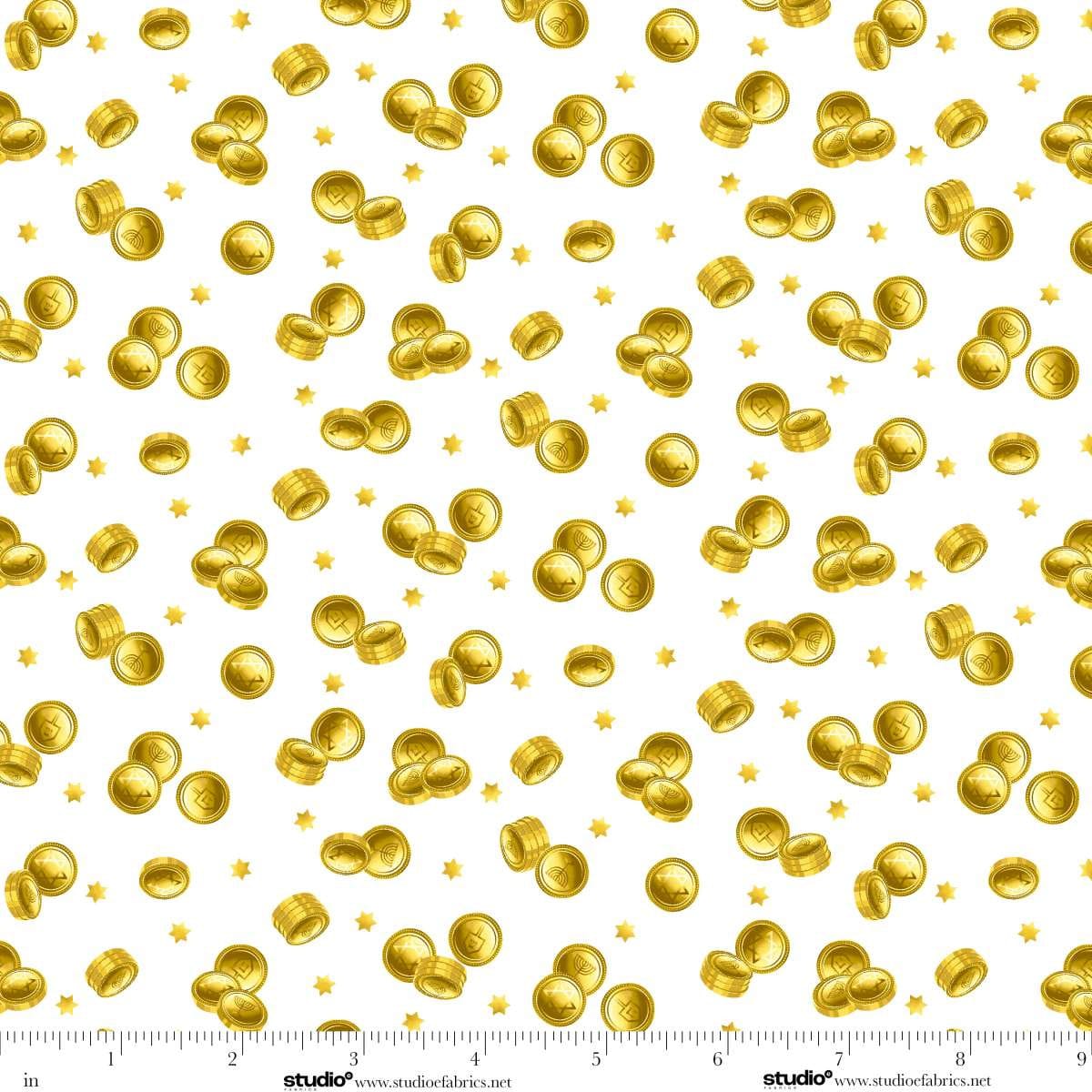 A Celebration of Light Gelt Gold Coins White Chelsea DesignWorks Studio E Cotton Fabric SE-8970-01
