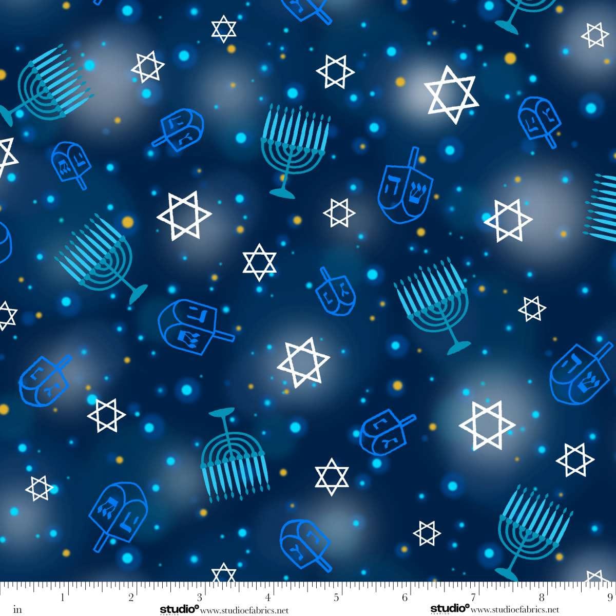 A Celebration of Light Stars Menorahs Royal Blue Chelsea DesignWorks Studio E Cotton Fabric SE-8966-77
