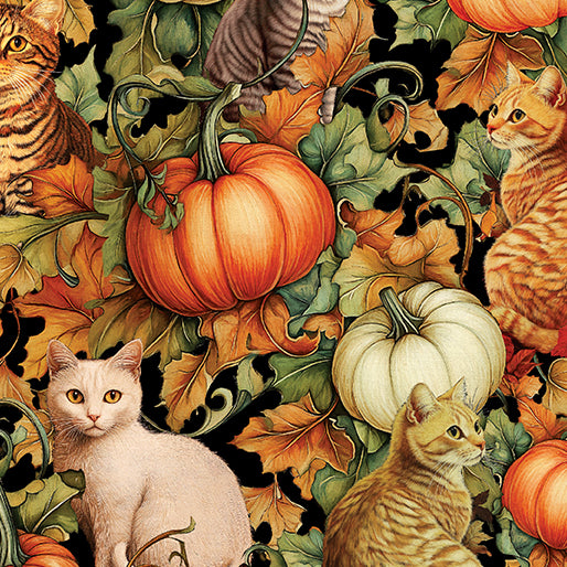 Autumn Cats Pumpkins and Cats Multi Peggy Collins Benartex Cotton Fabric BE-16767-99