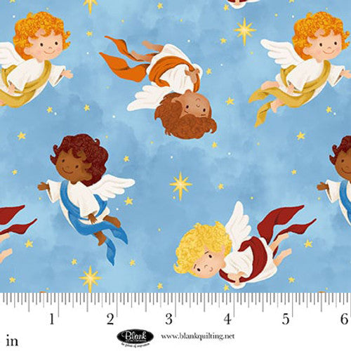 Away in a Manger Angels Light Blue Satin Moon Designs Blank Quilting Cotton Fabric BQ-4192-70