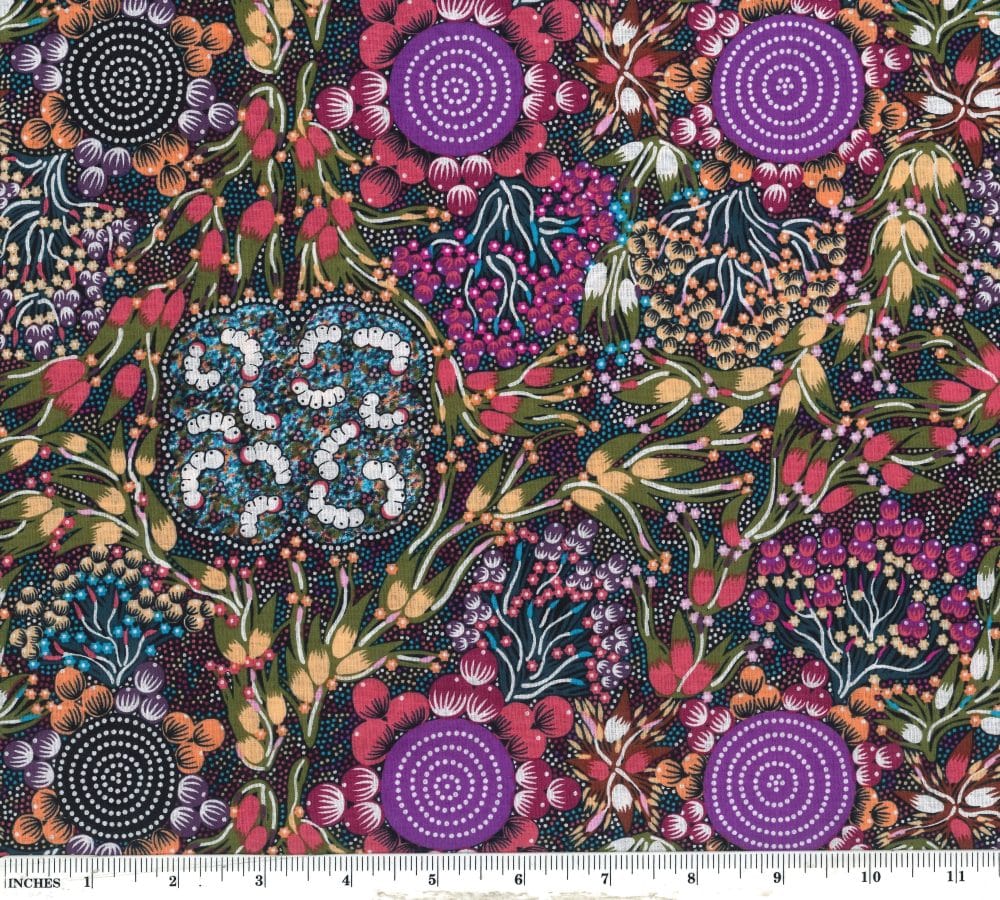 Bush Plum and Bush Banana Dreaming Burgundy Marilyn Abbott M&S Textiles Australia Cotton Fabric MSTA-BPBBBU-Burgundy
