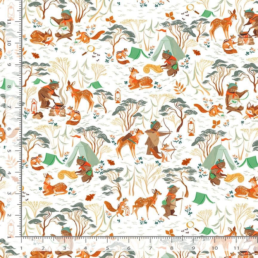 Camping Crew Woodland Animals Cute White Rae Richie Dear Stella Cotton Fabric DS-DRR3306-White