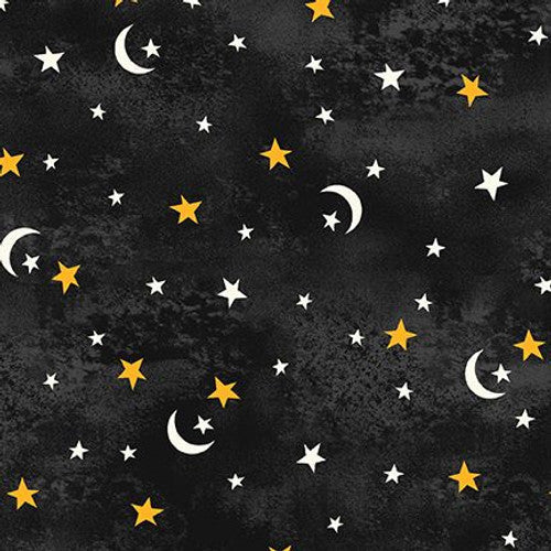 Camping Gnomes Night time Stars Dark Charcoal Lori Nawyn Studio E Cotton Fabric SE-8251-99