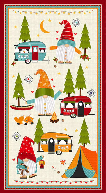 Camping Gnomes Panel 24" Off White Lori Nawyn Studio E 100% Cotton Fabric SE-8258P-33