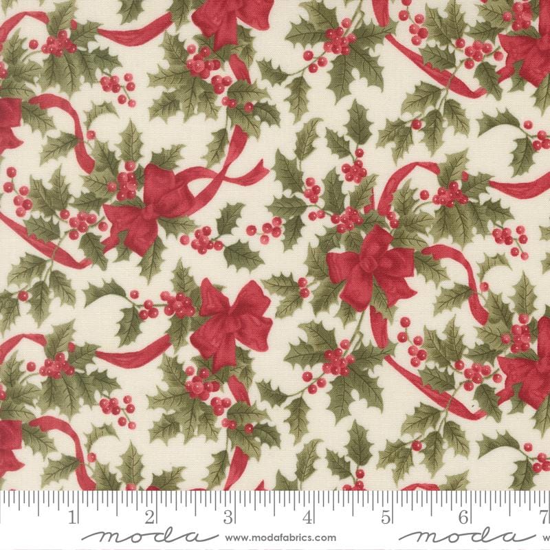 Candlelight Christmas Bows Holly Berries Cream 3 Sisters Moda Cotton Fabric MD-44423-11