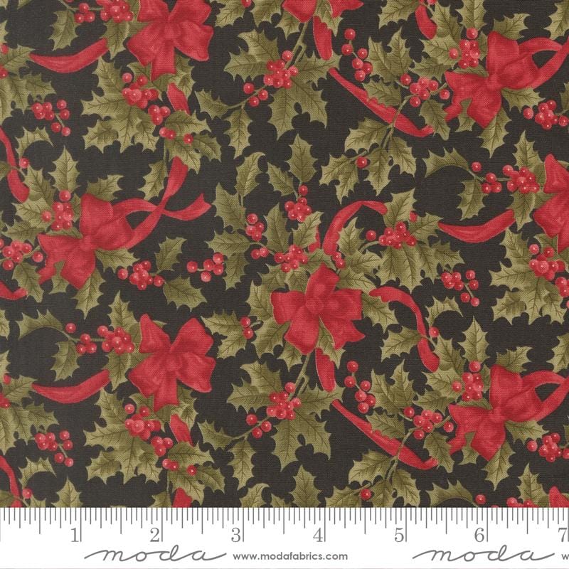 Candlelight Christmas Bows Holly Berries Ebony Black 3 Sisters Moda Cotton Fabric MD-44423-16
