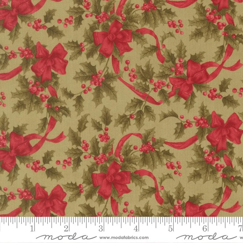 Candlelight Christmas Bows Holly Berries Sage Green 3 Sisters Moda Cotton Fabric MD-44423-14