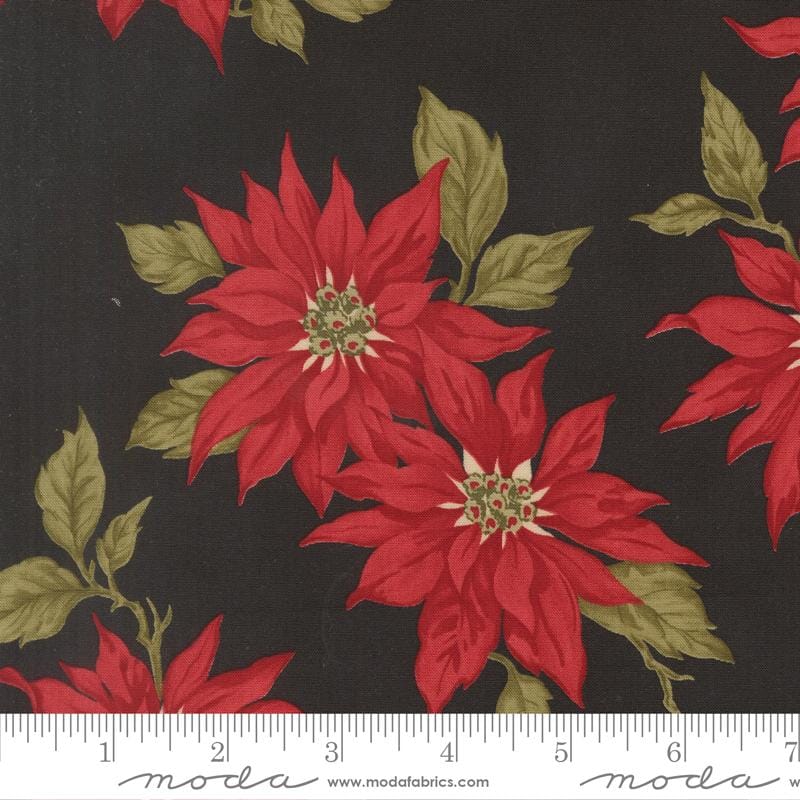 Candlelight Christmas Poinsettia Florals Ebony Black 3 Sisters Moda Cotton Fabric MD-44420-16
