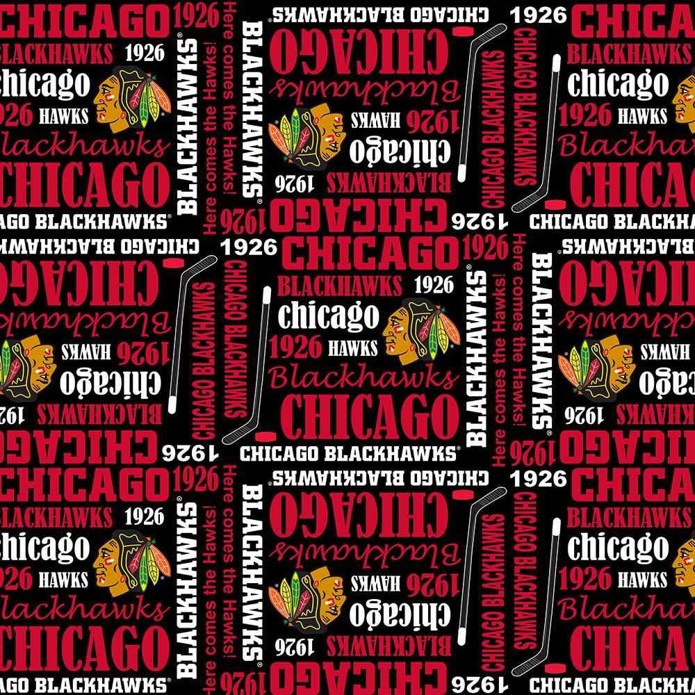 Chicago Blackhawks NHL Hockey Word Print Design Cotton Fabric NHL-1138 BLK