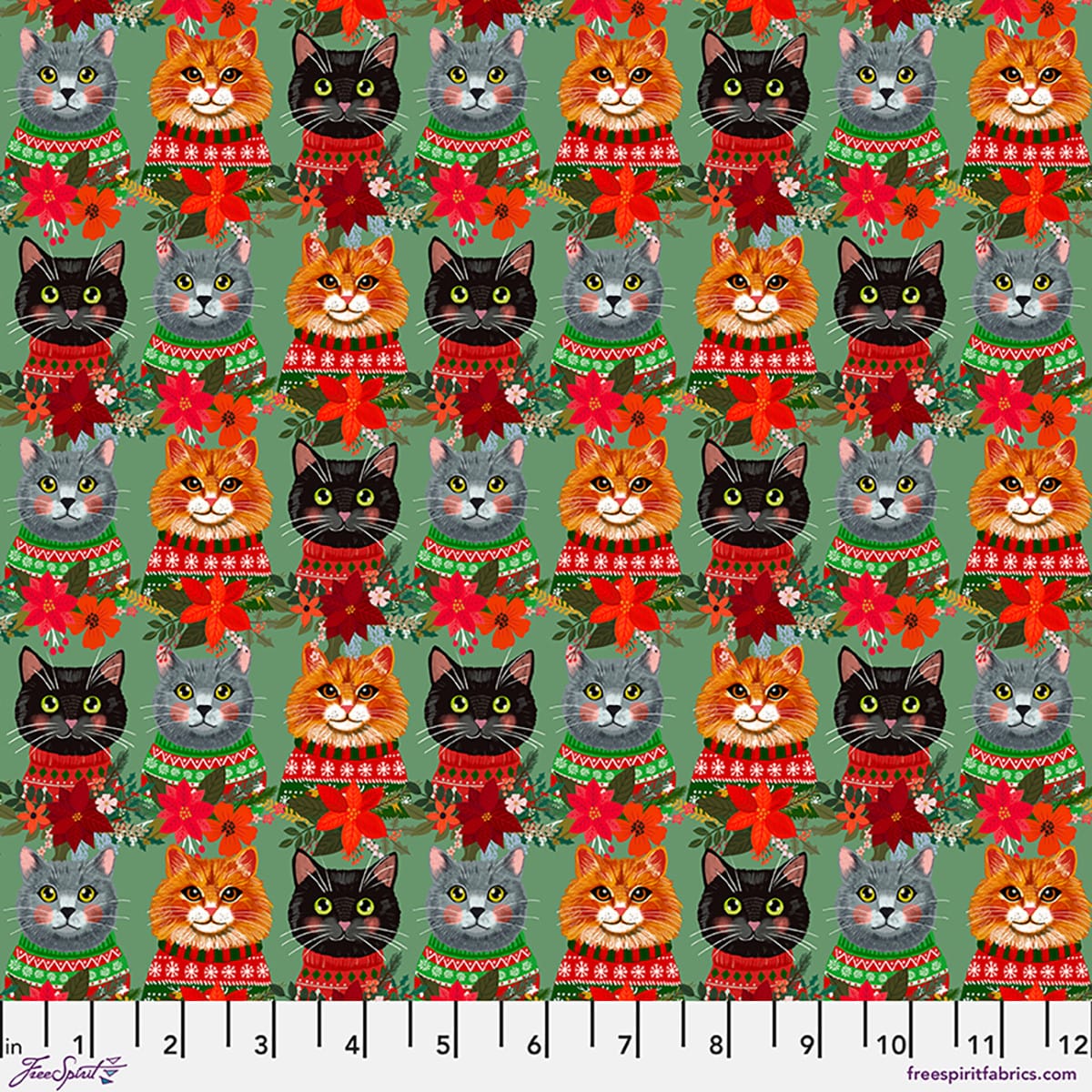 Christmas Pets Christmas Cats Sage Green Mia Charro Free Spirit Cotton Fabric FS-PWMC109.XSAGE