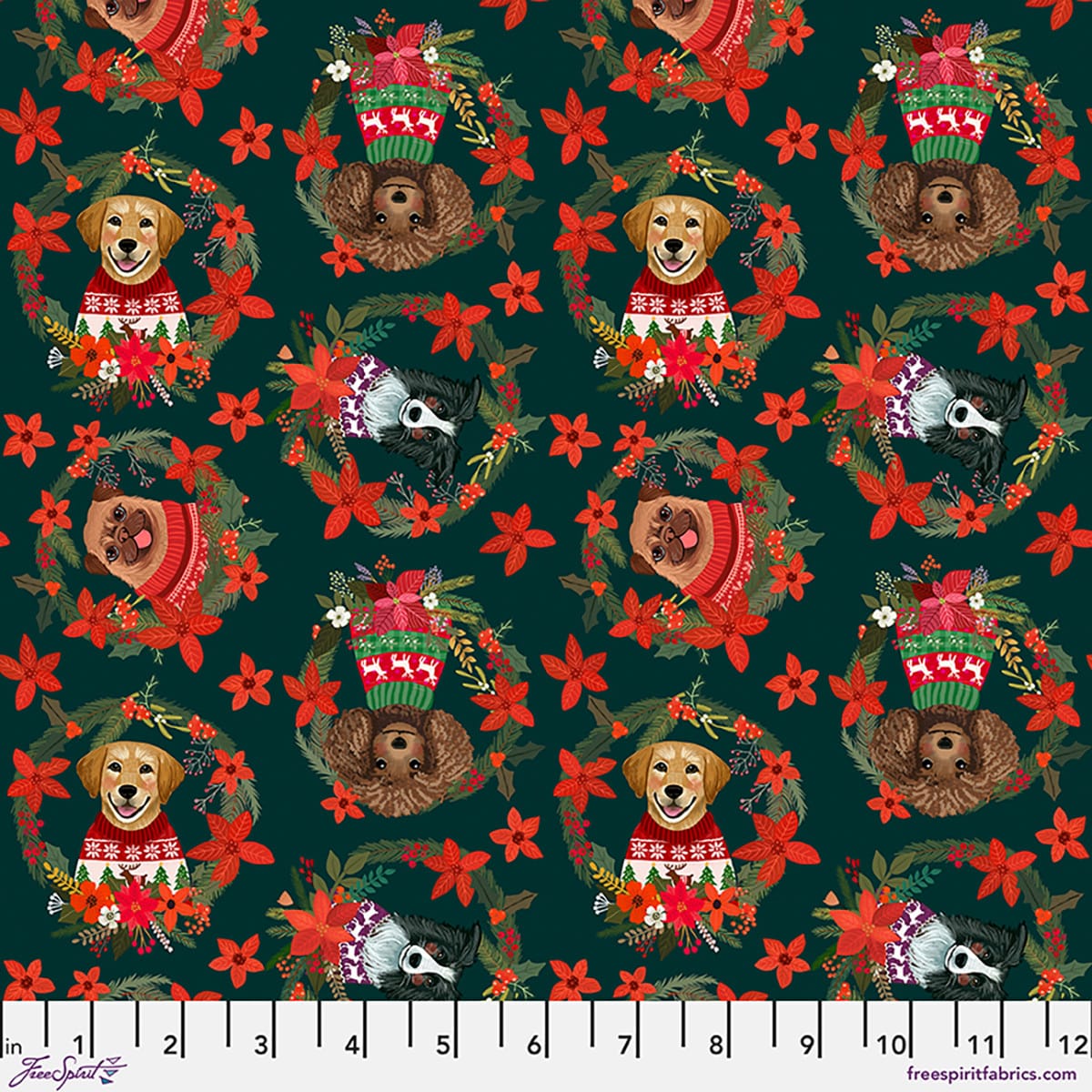 Christmas Pets Christmas Dogs Spruce Green Mia Charro Free Spirit Cotton Fabric FS-PWMC108.XSPRUCE
