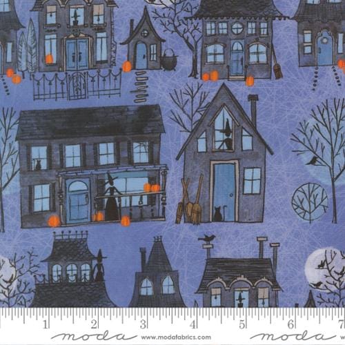 Coven Witch Village Landscape Nature Haunted Houses Dusk Blue Grey Robin Pickens Moda Cotton Fabric MD-48801-14