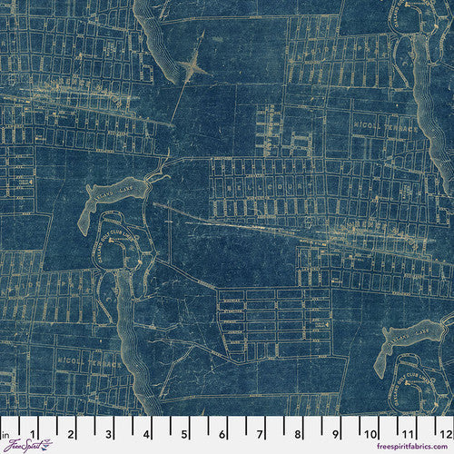 Eclectic Elements Blue Palette Map Blue Tim Holtz Free Spirit Cotton Fabric FS-PWTH283.BLUE