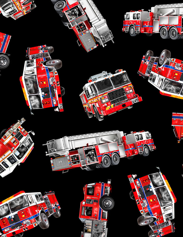 Fire and Rescue Tossed Fire Trucks Fire Department Timeless Treasures Cotton Fabric TT-Fire-C7733-Black