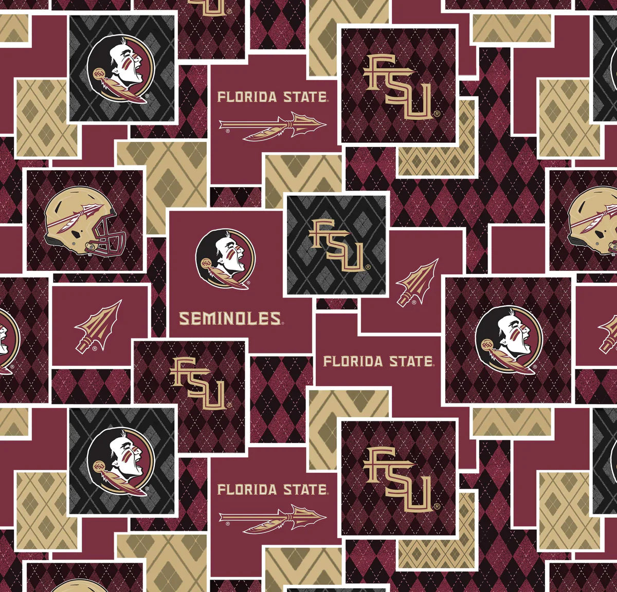 Florida State Seminoles NCAA College Argyle Boxes Sykel Cotton Fabric FSU-1371