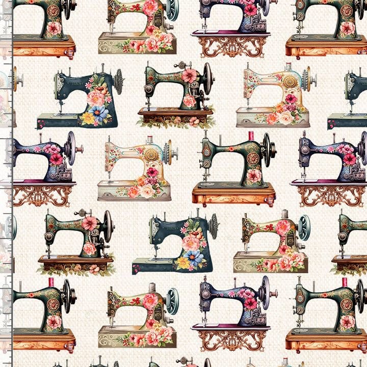 Happy Place Floral Sewing Machines Ecru Cream Timeless Treasures Cotton Fabric TT-SEW-CD3874-ECRU