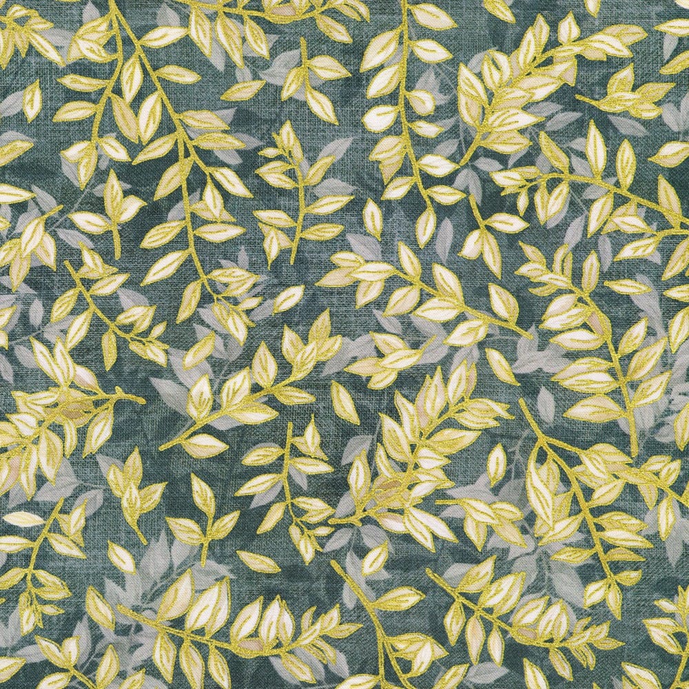 Hello Fall Foliage Dusty Blue Gold Metallic Lynnea Washburn Robert Kaufman Cotton Fabric RK-AWHDM-23919-68