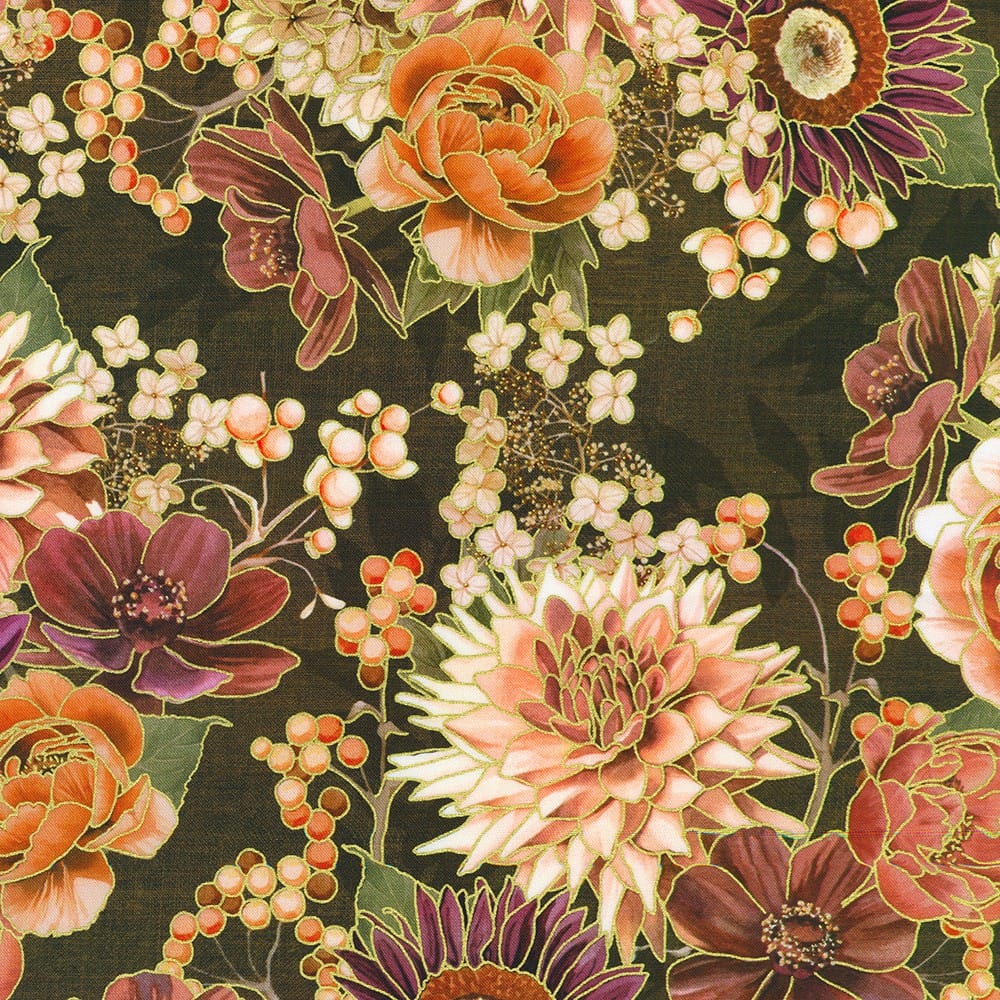 Hello Fall Large Florals Chestnut Brown Gold Metallic Lynnea Washburn Robert Kaufman Cotton Fabric RK-AWHDM-23917-342