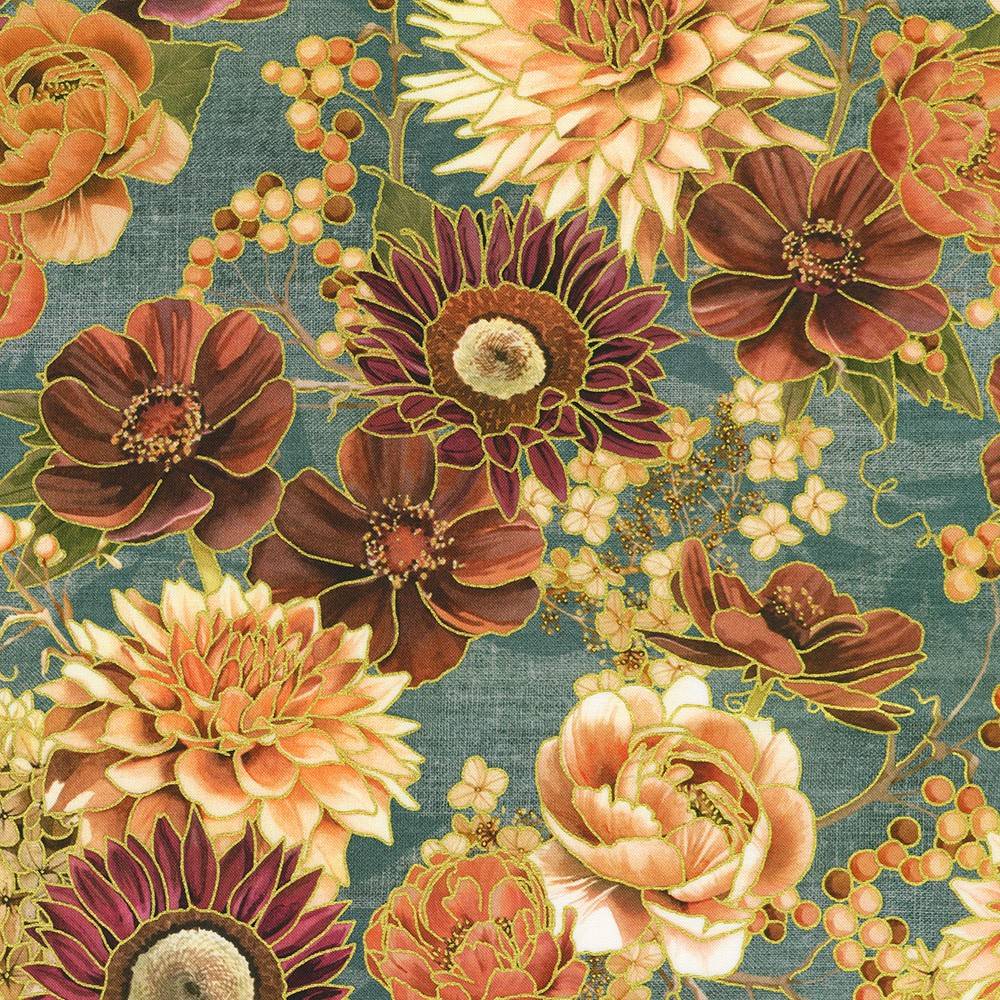 Hello Fall Large Florals Dusty Blue Gold Metallic Lynnea Washburn Robert Kaufman Cotton Fabric RK-AWHDM-23917-68