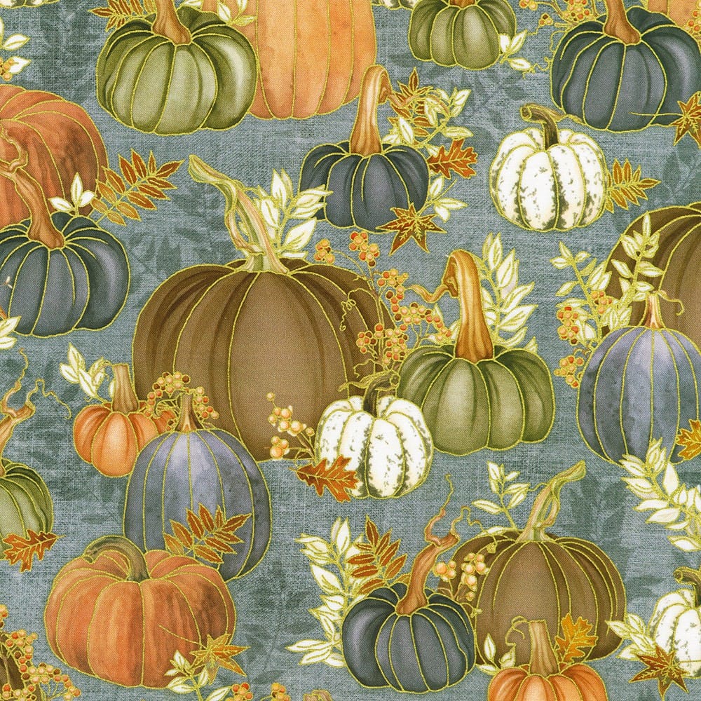 Hello Fall Pumpkins Fall Leaves Dusty Blue Gold Metallic Lynnea Washburn Robert Kaufman Cotton Fabric RK-AWHDM-23916-68