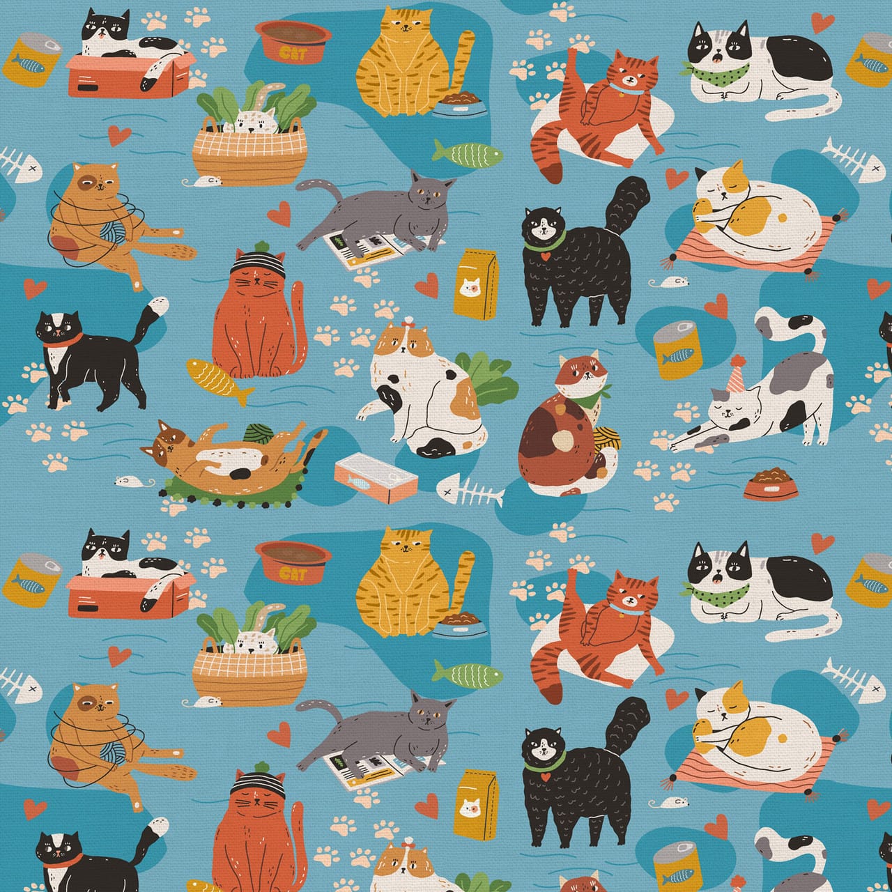 Here Kitty, Kitty Feline Frenzy Blue Paintbrush Studio Cotton Fabric PBS-120-24962