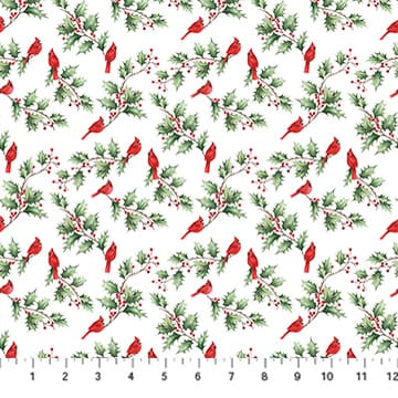Holly Jolly Cardinal and Holly White Multi EML Studio Northcott Cotton Fabric NC-28816-10