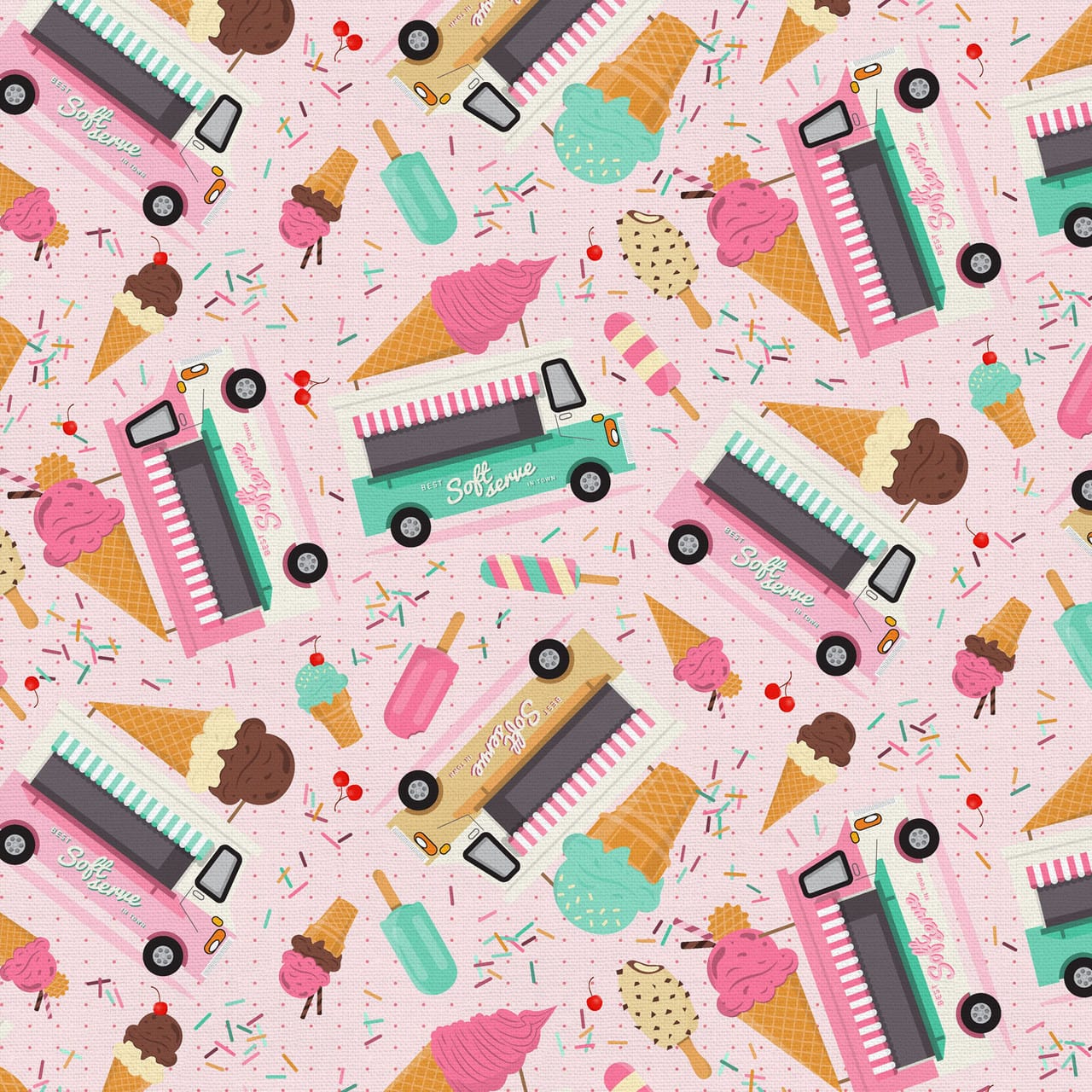 Ice Cream Dream Vintage Ice Cream Truck Blue Pink Paintbrush Studio Cotton Fabric PBS-120-25492
