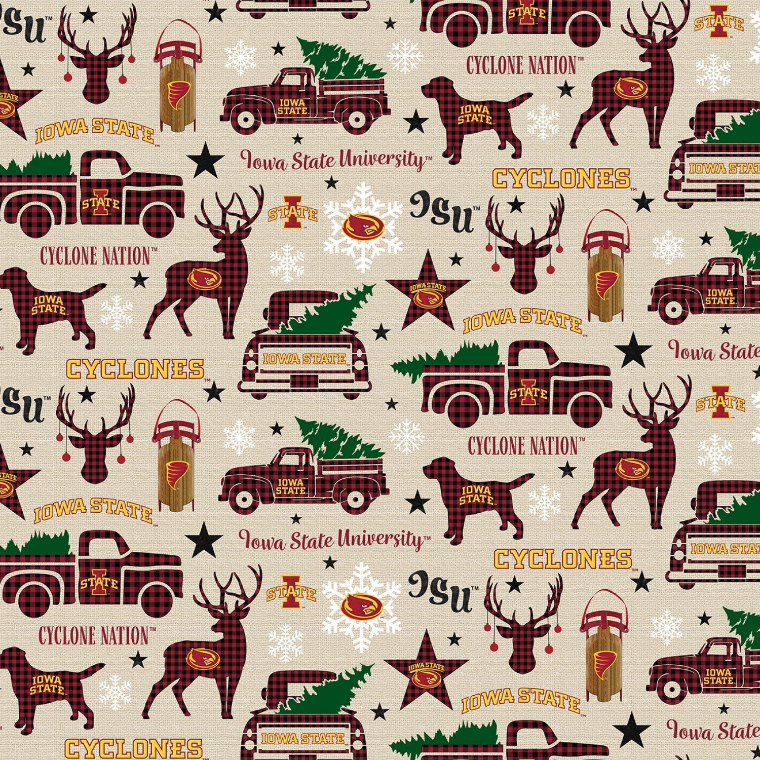 Iowa State Cyclones NCAA College Christmas Holiday Beige Sykel Cotton Fabric ISU-1213