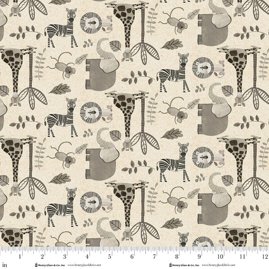 Jungle Romp Small Overall Animals Cream Betsey Cavallo Henry Glass Cotton Fabric HG-2108-44
