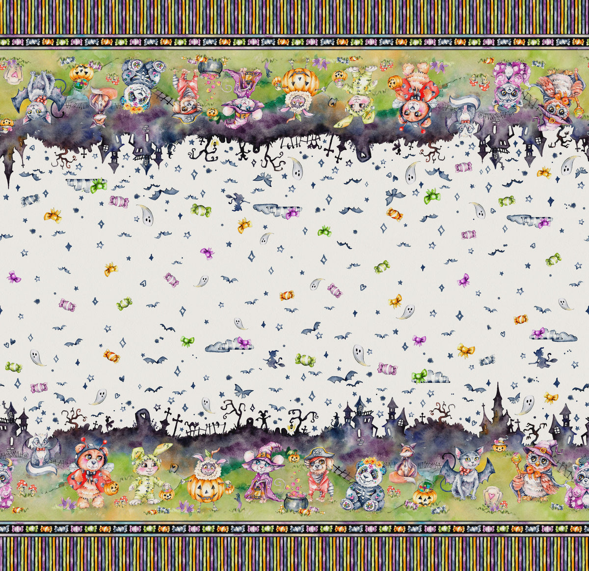 Little Darlings Halloween Halloween Scene Double Border White fabric