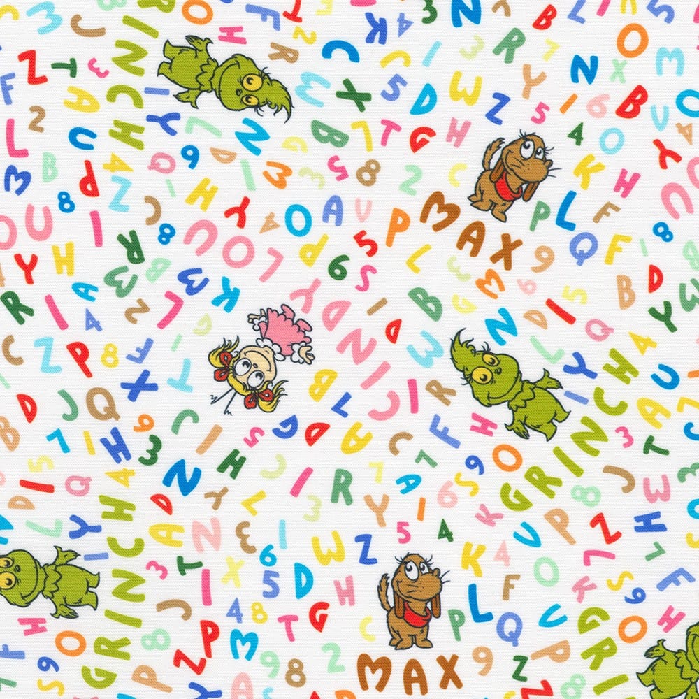 Little Grinch Characters Names and Letters White Dr Seuss Enterprises Robert Kaufman Cotton Fabric RK-ADED-23874-205