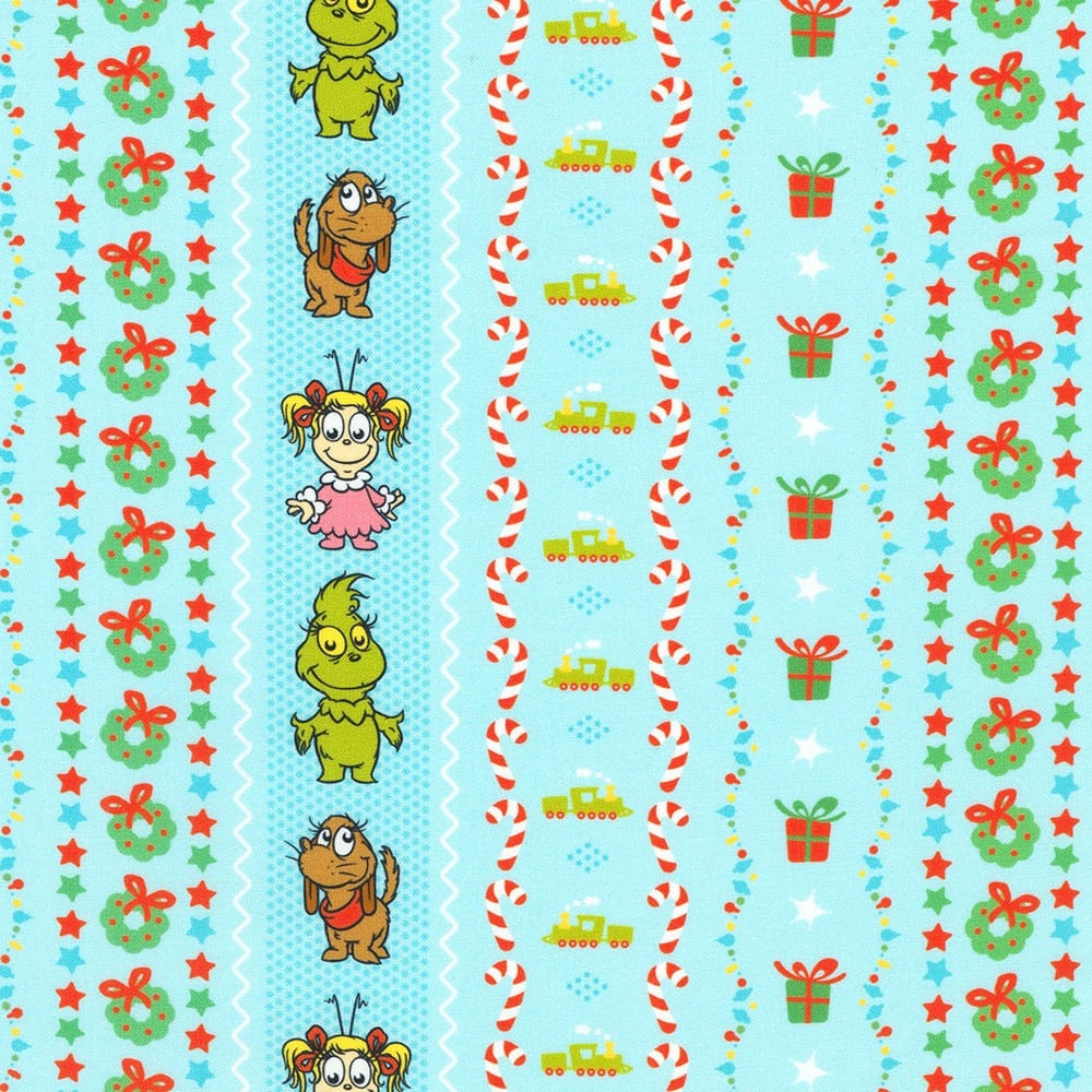 Little Grinch Characters Stripe Blue Dr Seuss Enterprises Robert Kaufman Cotton Fabric RK-ADED-23873-4