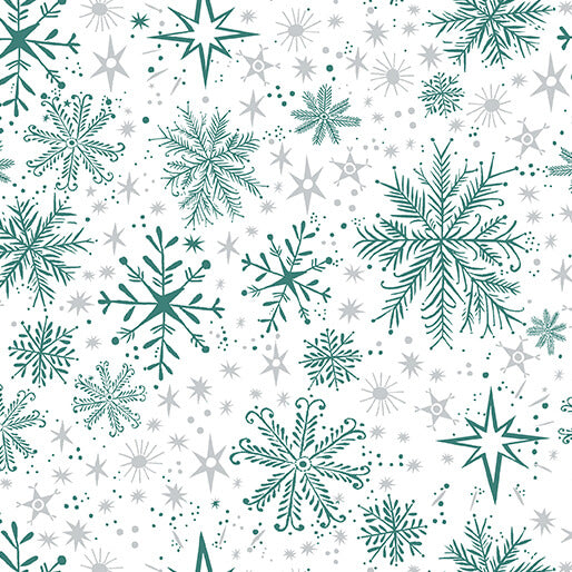 Magical Season Snow Frost White/Teal Katie Daisy Benartex Cotton Fabric BE-16727P-90