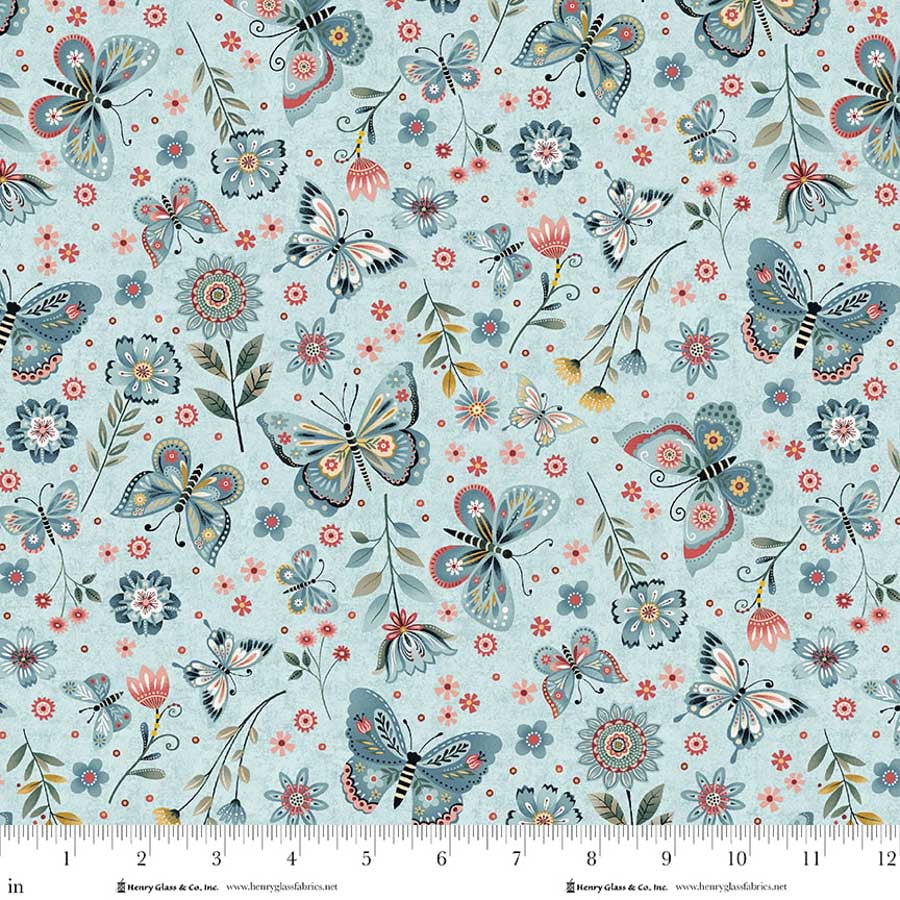 Norwegian Forest Butterfly Pale Blue Mary Jane Carey Holly Hill Quilt Designs Henry Glass Cotton Fabric HG-3545-17