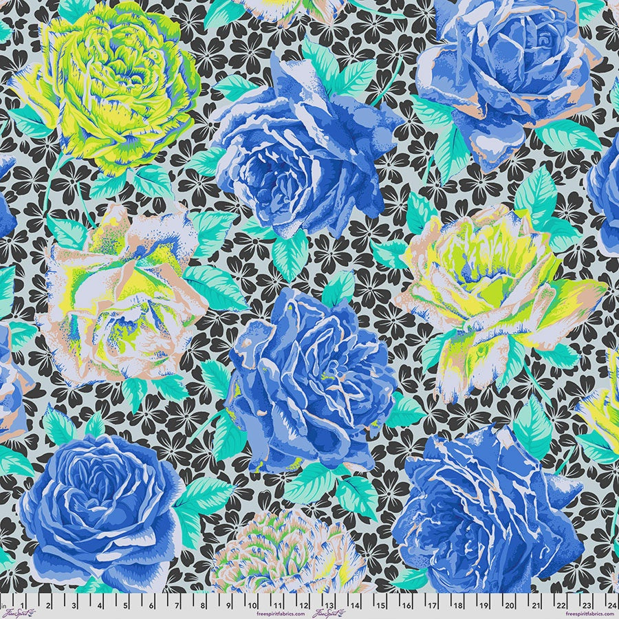 Kaffe Fassett Collective February 2026 Rose Bloom Blue fabric