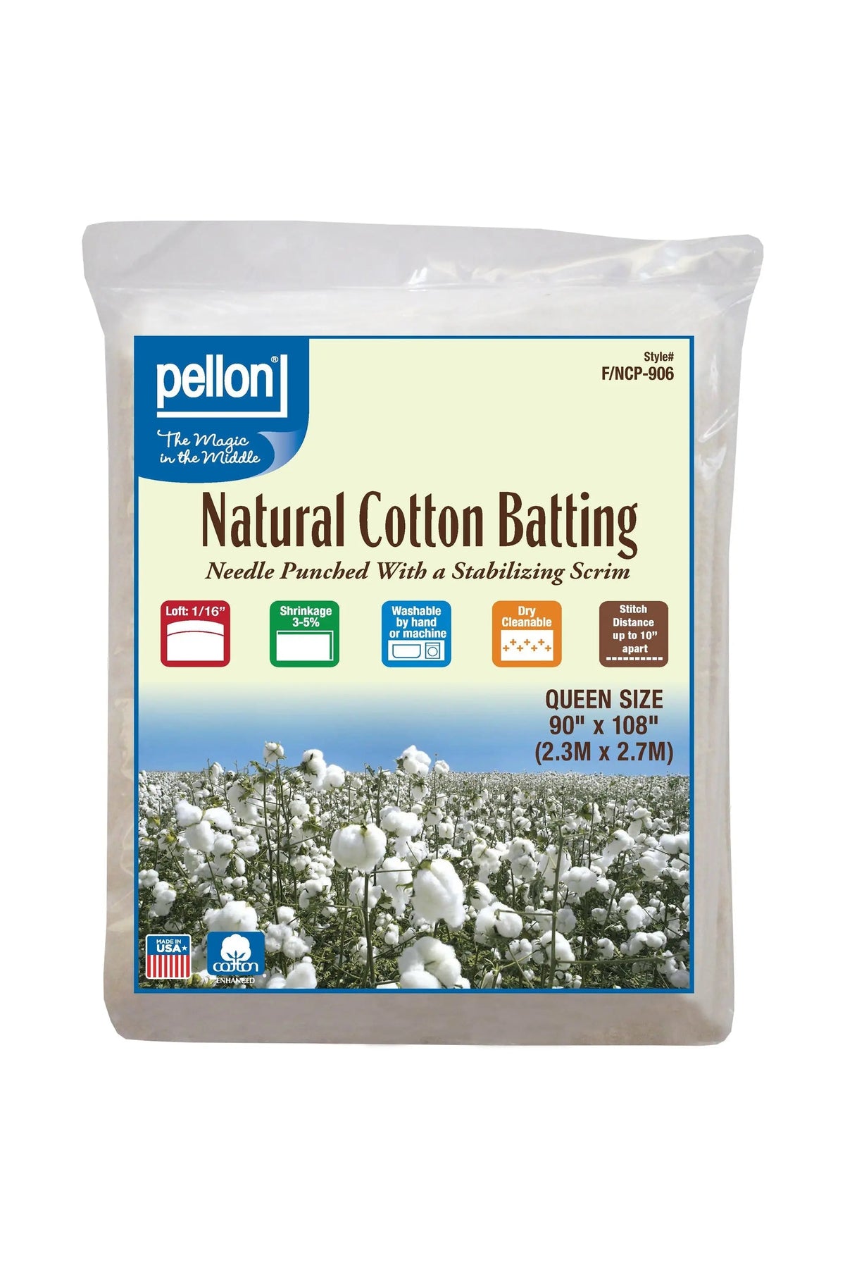 Pellon Natural Cotton Batting With Scrim90" x 108" Queen Size Package.