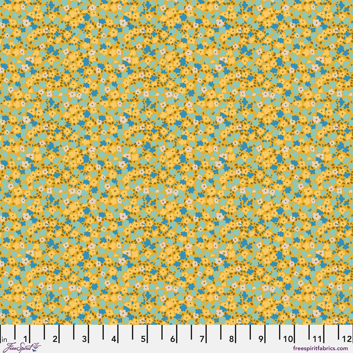Petite Prints Ditsy Chamomile Floral Yellow Blue August Ellery Free Spirit Cotton Fabric FS-PWAE001.CHAMOMILE