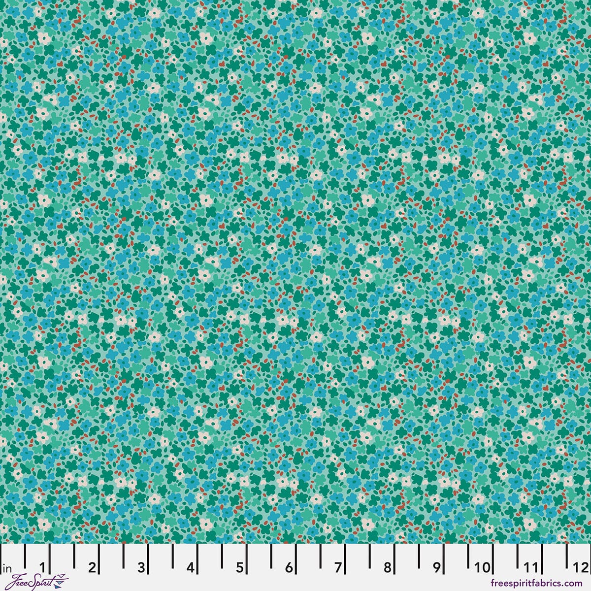 Petite Prints Ditsy Mint Floral Green Blue White Red August Ellery Free Spirit Cotton Fabric FS-PWAE001.MINT