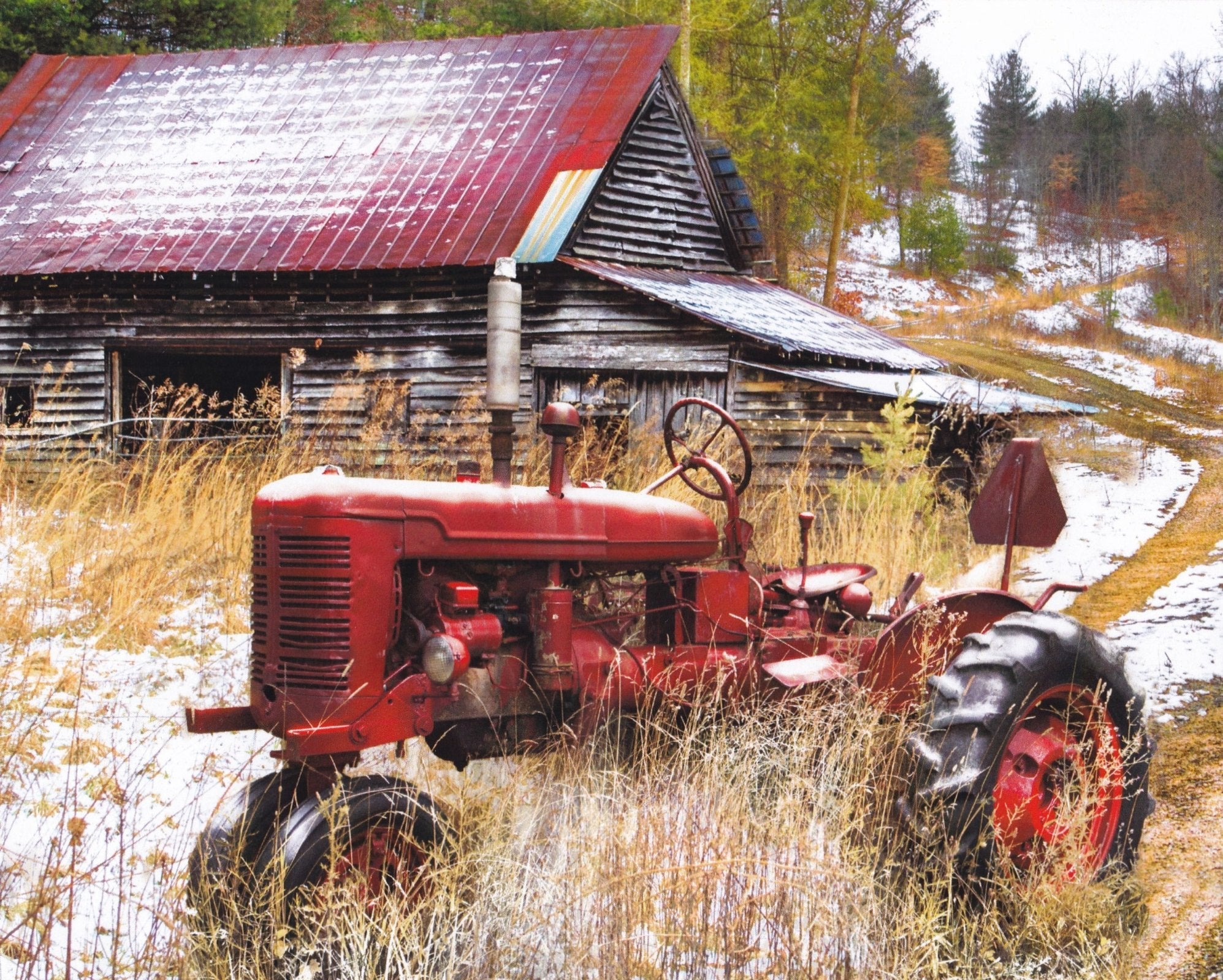 Red Tractor and Barn Vintage Panel 36" Art Licensing David Textiles Cotton Fabric DT AL-3689-1C-1
