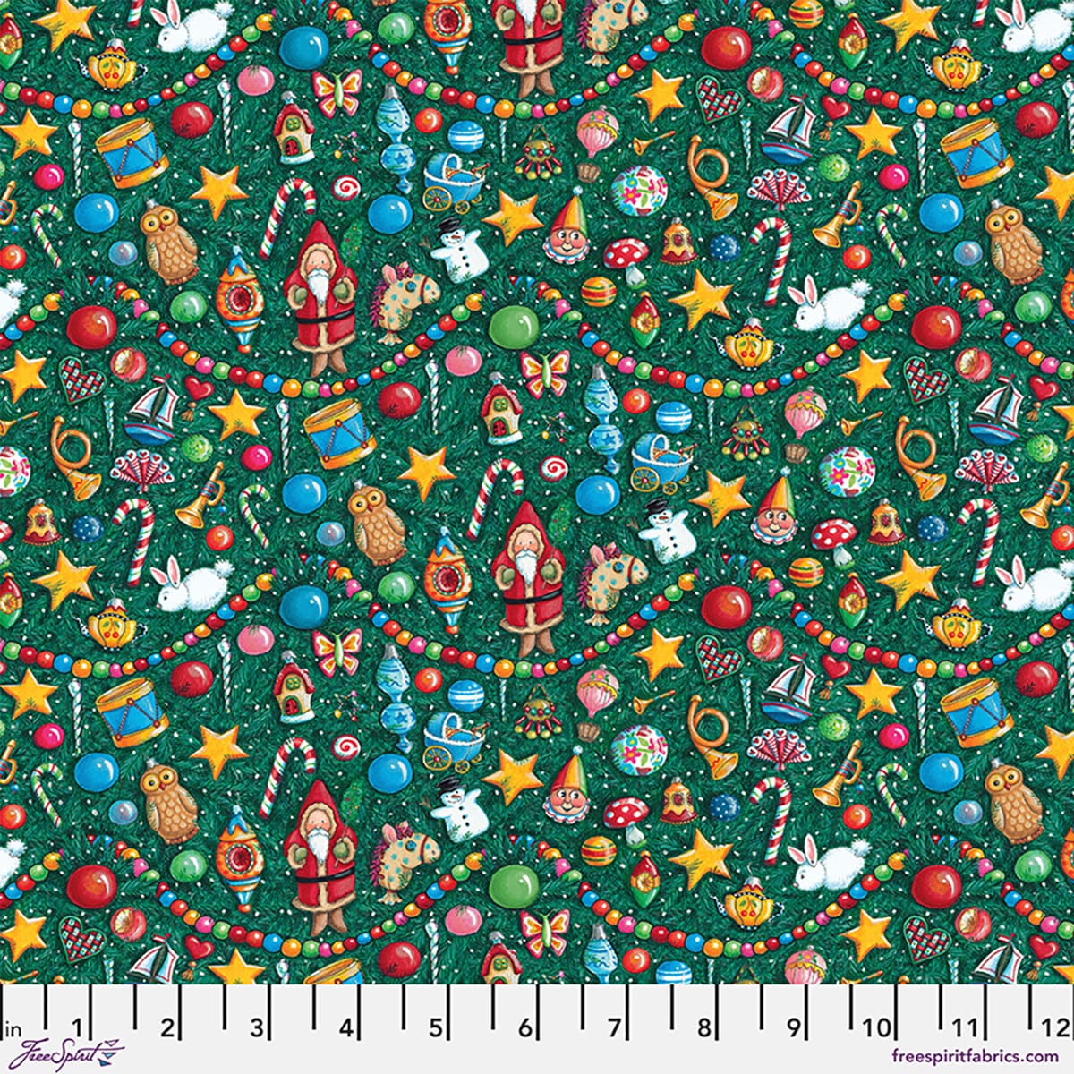 Snow Day Time to Decorate Ornaments Lights Evergreen Mary Engelbreit Free Spirit Cotton Fabric FS-PWMY035.EVERGREEN
