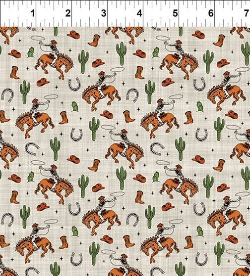Southwest Minis Bucking BroncosCream Jason Yenter In The Beginning Cotton Fabric ITB-16SWM-1