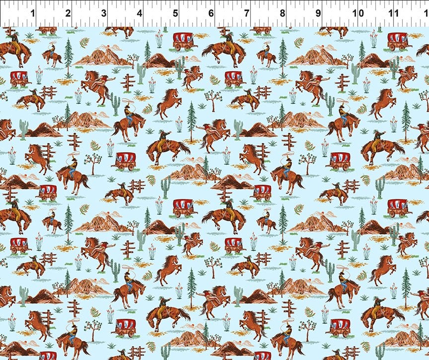 Southwest Minis WagonsBlue Jason Yenter In The Beginning Cotton Fabric ITB-13SWM-1
