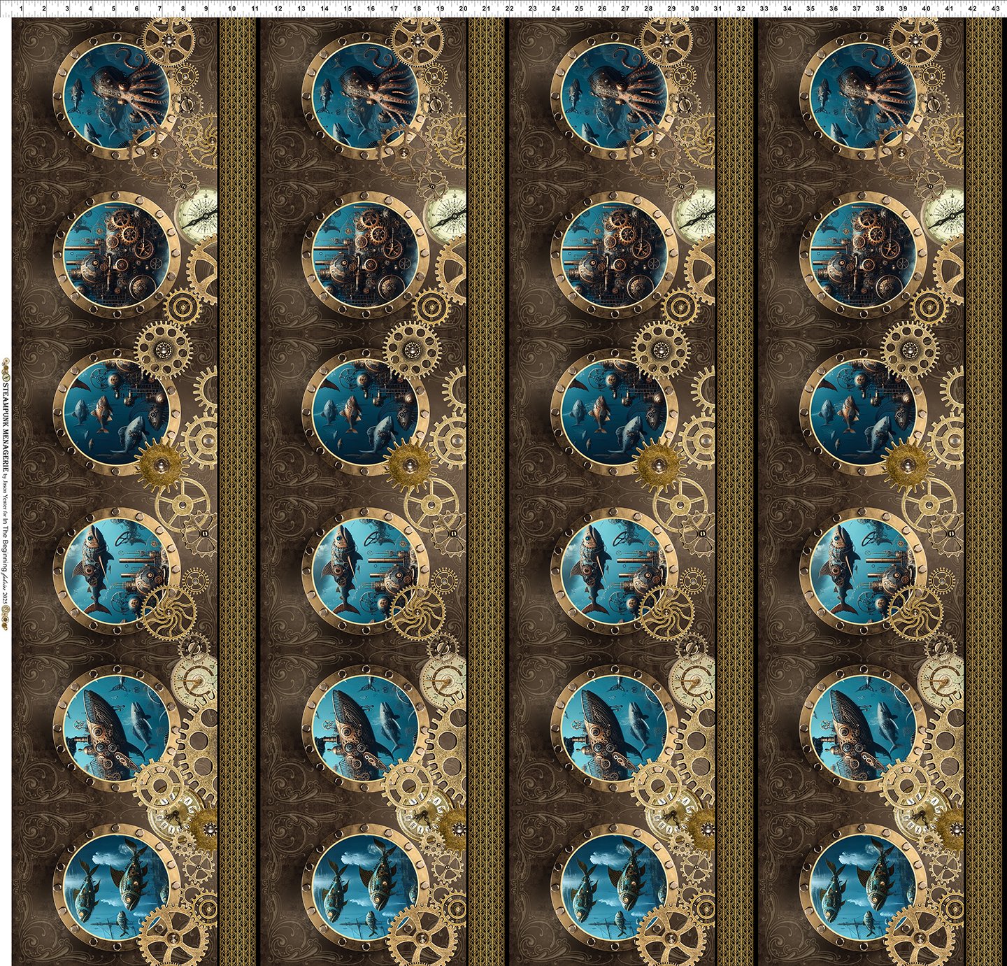 Steampunk Menagerie Border Stripe Multi Jason Yenter In the Beginning Fabrics Cotton Fabric ITB-3ST-1