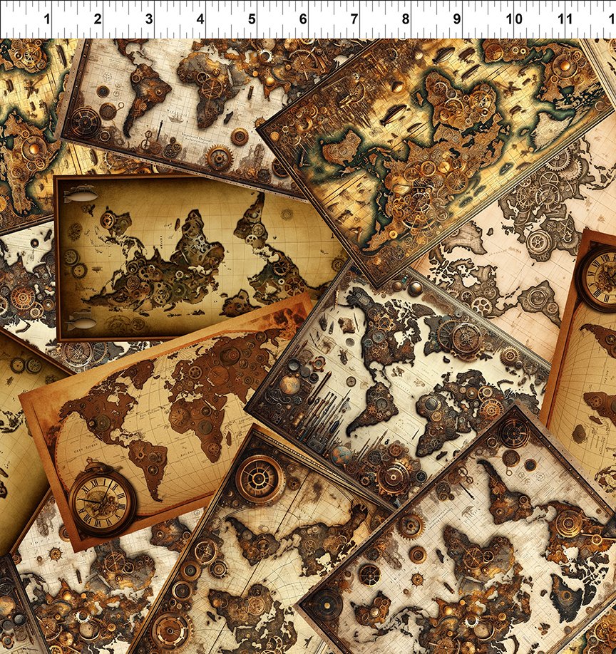 Steampunk Menagerie Maps Multi Jason Yenter In the Beginning Fabrics Cotton Fabric ITB-5ST-1