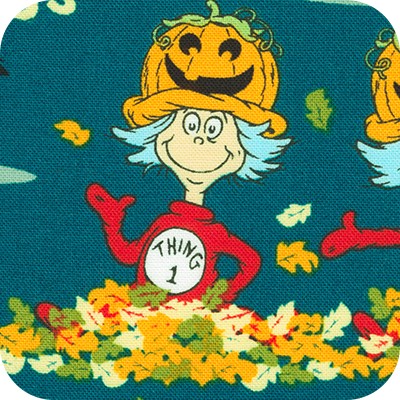 The Cat the Hat Teal Halloween Pumpkin by Dr. Seuss Enterprises Robert Kaufman Cotton Fabric RK-ADE-74853-213